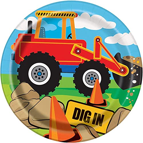 Multicolored Construction Party Round Dessert Plates, 7' (8-Pack) - Perfect for Kids' Birthdays & Building-Themed Bash