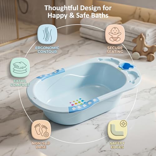 Image of Baybee Dolphin Baby Bath Tub for 0 to 5 Years | Ergonomic Bath Tub for Kids with Non-Slip Base, Quick & Easy Drain | Premium Baby Bather with Soap Holder Bathing Tubs for Boys Girls (Blue)