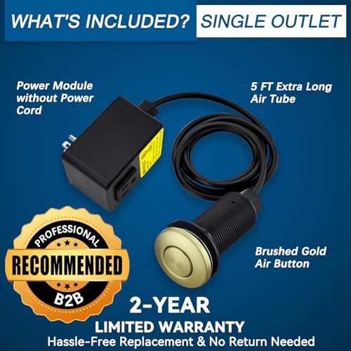Image of BESTILL Garbage Disposal Air Switch Kit - Brushed Gold Garbage Disposals Button, 3.6 inch Long Sink Top On /Off Push Button for Waste Disposer, Brass Made Cover, UL Listed, Compatible with all Disposers