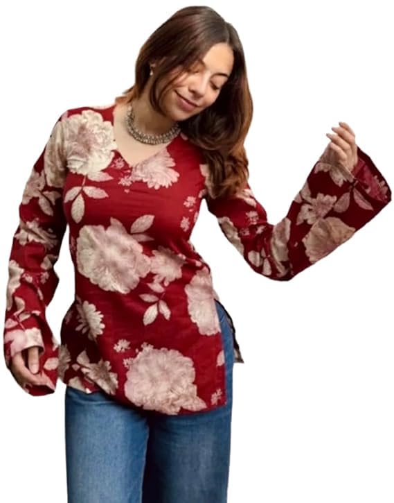 diqr Women's Rayon Floral Printed Full Sleeves V-Neck Short Kurti, Bell Sleeves, Short Kurti for Woman, Stylish Ethnic Top, Daily Casual Western & Office wear-picture-58