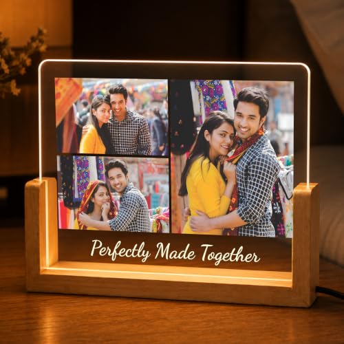 Image of Giftplease Personalized LED Acrylic Photo Frame with Custom Picture and Text, Couple Memory Night Lamp, Wooden Base Table Decor, Romantic Bedroom Display, Home Accent Art, Anniversary Decor, Wedding