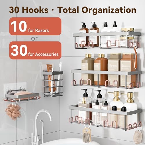 Image of YASONIC Shower Caddy Adhesive, 100% Rustproof Shower Organizer with Soap and Toothbrush Holder, Large Capacity Shower Shelves for Inside Shower, No Drill Shower Storage for Home (5 Pack Grey)