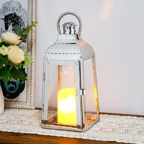 TRIROCKS Kerzenlaternen aus Edelstahl 30 cm hoch Dekorative Kerzenhalter mit Gehärtetem Glas für Drinnen und Draußen Veranda Garten Partys Hochzeiten und Veranstaltungen (Silber)