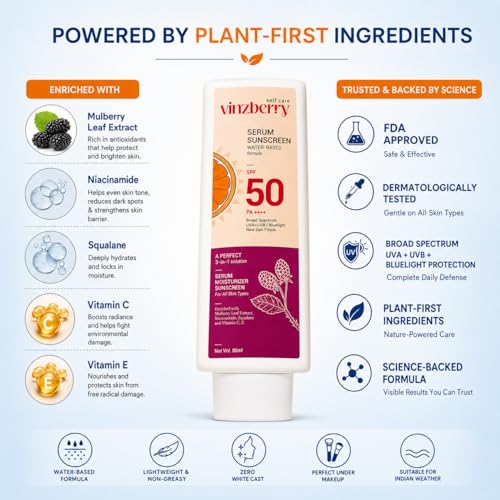 Image of VINZBERRY SPF 50 Sunscreen for Face PA++++ | 3-in-1 Serum Sunscreen + Moisturizer | Lightweight Water-Based Sunscreen | No White Cast | Daily Hydration for All Skin Types | 80 ml