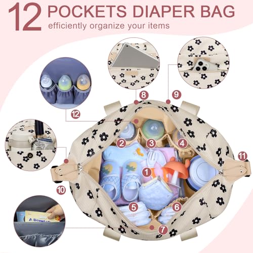 Image of Pritent Diaper Bag Tote - Diaper Baby Bags with Pacifier Case, Shoulder Straps, Stroller Clips, Waterproof Large Mommy Maternity Travel Baby Bag for Mom and Dad, Black flower, Medium