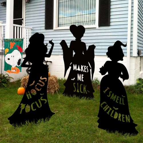 Hocus Pocus Halloween Decorations Outdoor: 3 Extra Large Black Hocus Pocus Witches, Halloween Silhouette Yard Signs with Stakes, Thick Corrugated Plastic, Outside Yard Lawn Decor for Kids Home Party