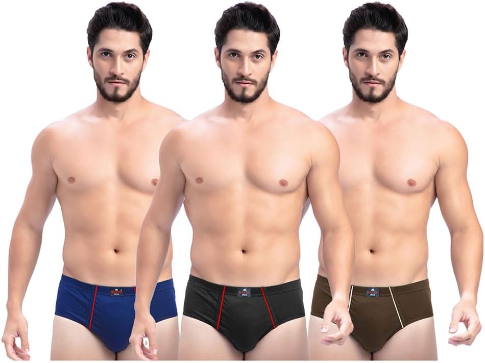 Mens Pure Cotton Solid Briefs with Inner Elastic|Premium Soft Breathable Underwear for Men|Comfort-Fit Waistband for All-Day Wear|Multi-Color, Color Name May Vary as per Availability|Pack of 3