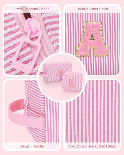 Personalized Initial Makeup Bag| Toiletry Bag for Girls&Women,Make Up Case for Girlfriend Bridesmaid Wife,Birthday Gift for Her Cute,2PCS,Pink C4