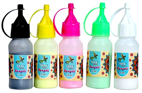 Image of TOTA Rangoli Colour Powder Bottles for Floor.Set of 5 (80 Gm Each) in Special Squeeze Bottles. Kolam Powder for Art and Craft, Home Decor in Plastic Bottle-400 Gm.
