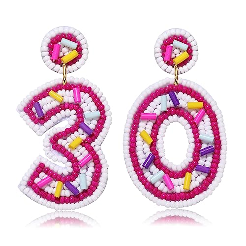 Beaded Drop Dangle Earrings - Happy Birthday Statement Jewelry for Womens 16th 30th 40th 60th Birthdays & Parties (White)