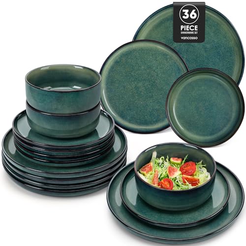 vancasso Série STARRY Service de Table 36 Pièces en Porcelaine, Service Vaisselle 12 Personnes, avec 12 Assiettes Plates, 12 Assiettes à Dessert, 12 Bols à Céréales, Vert à Émail Réactif