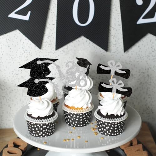 Image of Class of 2026 Glitter Graduation Cupcake Topper, Food /Appetizer Picks for Graduation Party (Silver)