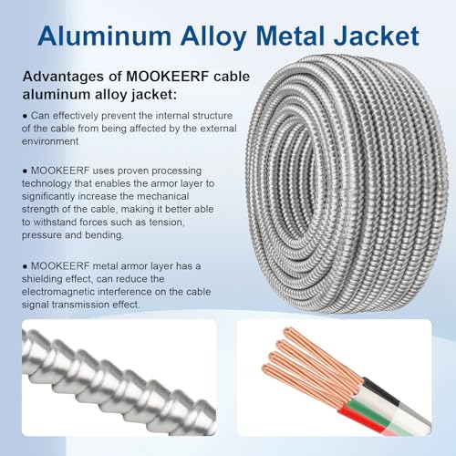 Image of MOOKEERF 6 /3 MC Cable with Ground - 15FT Pure Copper 6AWG /3 Metal Clad Wire with Aluminum Armor 6 Gauge 3 Conductor Type MC Alum Cable