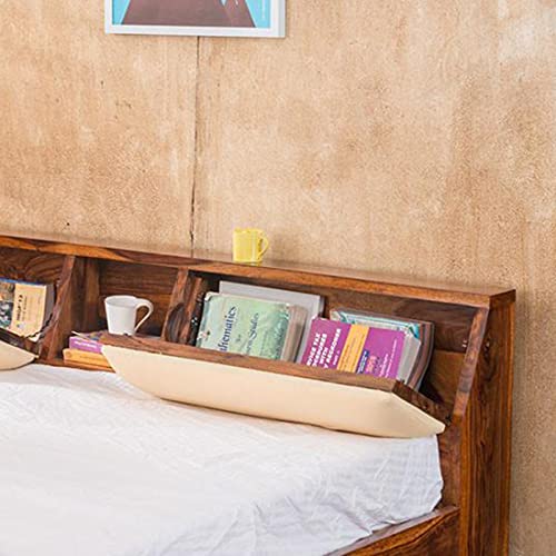 Image of Solid Sheesham Wood Queen Size Bed with Headboard Storage Wooden Double Bed Cot Palang for Bedroom Living Room Home Hotel - Honey Finish | 1 Year Warranty