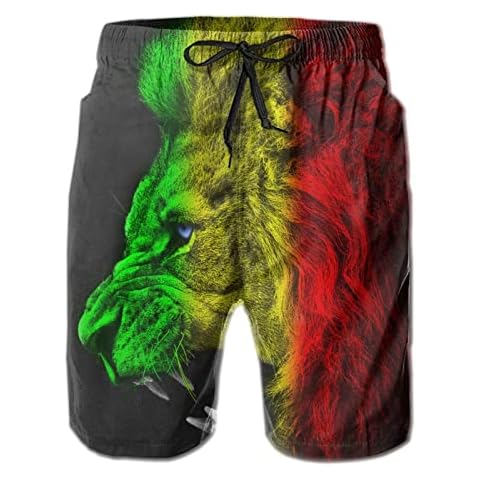 LASWEGA Men's Jamaican Lion Swim Trunks, Cool Reggae Rasta Lion Surf Board Shorts Beach Pant with Mesh Lining and Pockets, Cool Reggae Rasta Fierce Lion, Medium Cover