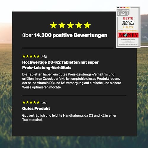 natural elements Vitamin D3 + K2 Depot – 180 Tabletten – Premium-Qualität: K2VITAL® von Kappa – 99,7+% All-Trans K2-MK7 + 5000 IE Vitamin D3 – hochdosiert, ohne Zusätze – laborgeprüfte Qualität – Bild 6