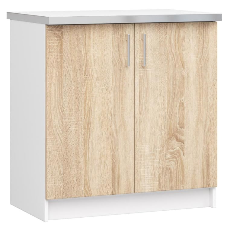 BDW - Armadio da cucina - Armadio cucina con ante e piano di lavoro - Armadio 80 cm di larghezza, 85 cm di altezza - cucine singole, mobili da cucina Oggetti (bianco/rovere Sonoma)