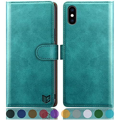 Etui portefeuille iPhone Xs Max bleu vert pour éviter les rayures d'écran et ranger ses cartes