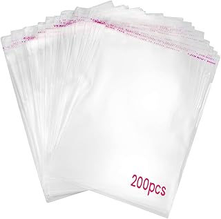 200 Sacos de Celofane Transparente Autoadesivos. Sacos de plástico OPP grandes com costura selada e orifício de ventilação para rebuçados, presentes, jóias, cartões, doces, bombons, fotos.