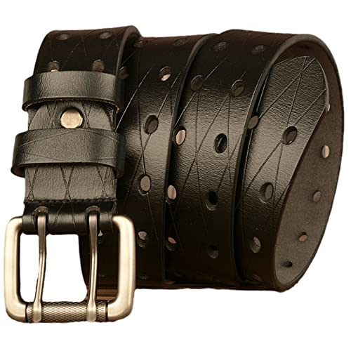 Men's Leather Double Prong Jean Belt With Grommet Holes & Twin Roller Buckle - Handmade Stitching3