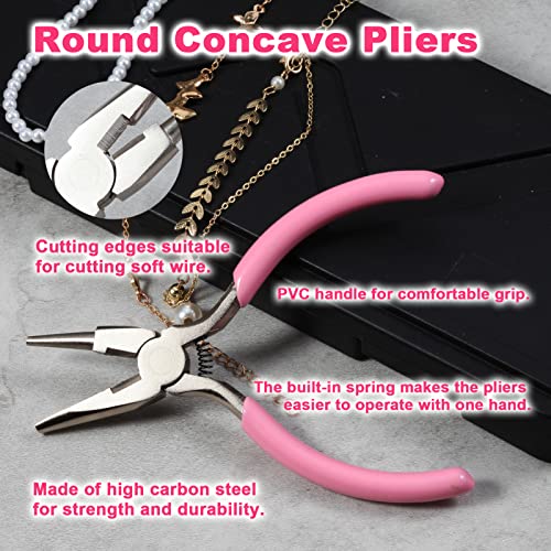 LEONTOOL Concave Round Nose Pliers Wire Ring Looping Pliers Wire Bending Pliers Jewelry Making Pliers with Cutting Edges and Pink PVC Handle for Handmade DIY Hobby Projects Tools - Image 2