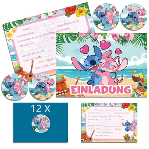 OVOparty 12x Stich Einladungskarten Kindergeburtstag Junge mit Umschlag Deutsch Stich Geburtstagseinladungen Jungen Cartoon Einladungskarten Geburtstag Set für Themed Party (A6) (A)