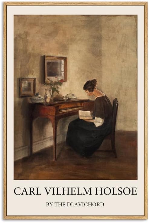 LARAGE Carl Vilhelm Holsoe Framed Canvas Wall Art,Vintage Oil Painting by The Dlavichord Wall Decorations,Classical Painting Canvas Prints Wall Decor for Living Room Office-12x16IN Natural Framed I-Natural Framed 16L" x 12W"