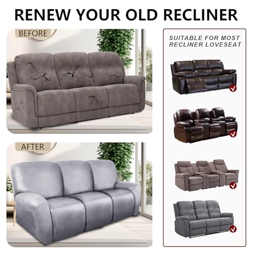 Image of ANARACHON Recliner Couch Cover Leather Look Recliner Sofa Covers for 3 Cushion Reclining Sofa Slipcovers 8-Pieces Furniture Protector Spandex Fabric Washable (3 Seater, 01 Marbling)