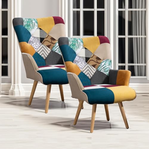 Aunekiv Patchwork Sessel, 2er Set Relaxsessel Leinen Loungesessel mit Massivholzfüße Ohrensessel für Wohnzimmer, Schlafzimmer, Leseecke, Bunt