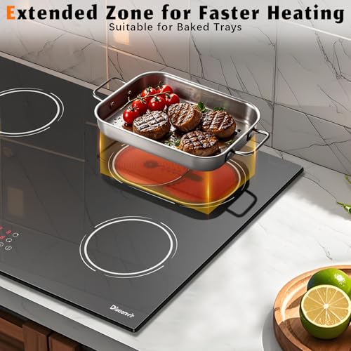 Image of 30 Inch Electric Cooktop 6400W, 240V Hard Wire (No Plug) | 4 Burner Glass Electric Stovetop 30 Inches, 99-Min Timer, Safety Lock, Pause, Rual Ring, Touch Control, 220V Hard Wired