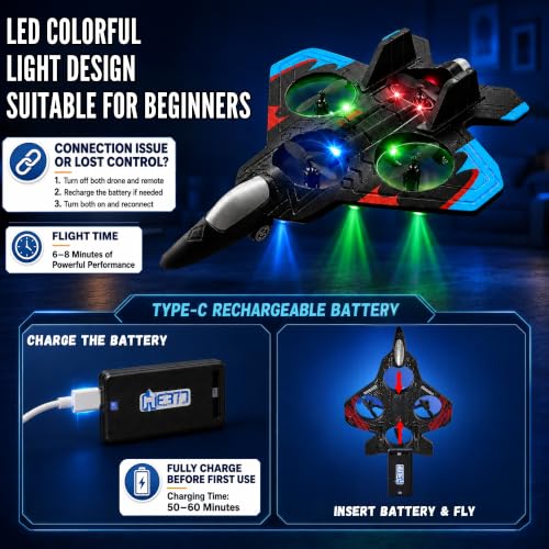 Image of GRAPHENE Remote Control Airplane for Kids RC Fighter Jet Plane Toy LED Lights 360 Flip Stunt Roll Hovering Spinning Stable Flight Easy to Fly Foam Aircraft Glider Hobby Toy Boys Girls Adults