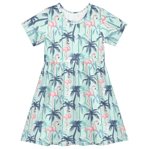 Reiacy Vestido de verano de manga corta para niñas de 2 a 8 años, con diseño de palmera y flamenco, Palmera de flamenco, 3 años
