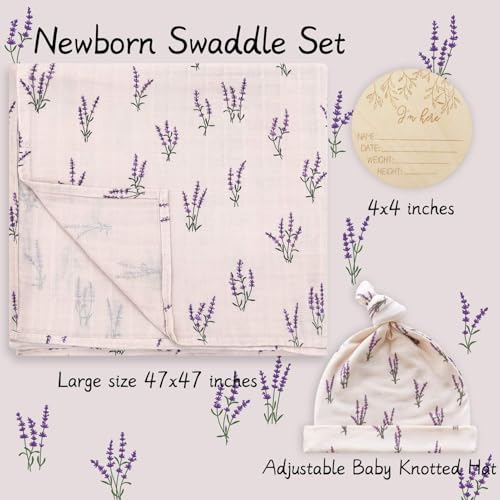 Image of LifeTree Muslin Swaddle Blankets, Muslin Baby Boy Swaddle Blanket, Headband and Hat Set with Birth Announcement Card, Newborn Unisex Receiving Organic Cotton Blankets, Lavender Pattern