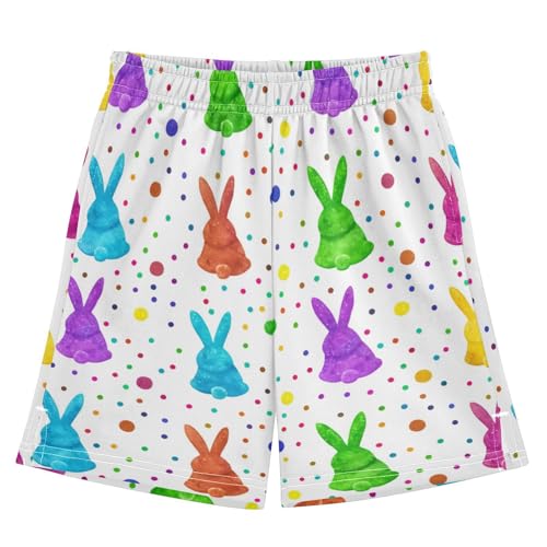 J JOYSAY Colorful Bunny Dot White Boys Athletic Shorts Kids Youth Casual Shotrs with Elastic Waistband Pockets