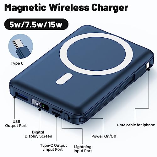 Yiisonger Magnetic Wireless Power Bank - 10000Mah Portable Charger 22.5W Pd Fast Charging With Built-In Cables Led Display, Slim Magnetic Battery Pack For Iphone 14/13/12/Pro/Mini/Pro Max (Blue) #TOP3