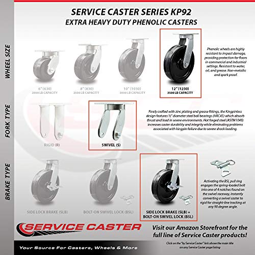 Service Caster SCC-KP92S1230-PHR-SLB-BSL-4 12 Inch Swivel Top Plate Caster Set Extra Heavy Duty Casters With Phenolic Wheels thumb #3