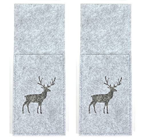 heimtexland ® Tischdeko Filz Bestecktasche abwaschbar Landhaus Tischdekoration Besteckhalter 10x25 Typ847 Hellgrau - Hirsch 2er Pack
