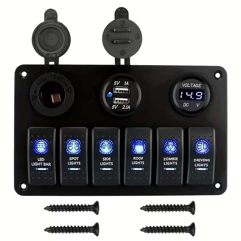 6 Gang Rocker Switch Panel with Dual USB Charger and Voltage Display, Blue LED Switches, Waterproof Design for Marine Boat Car RV Truck Yacht, 12V DC