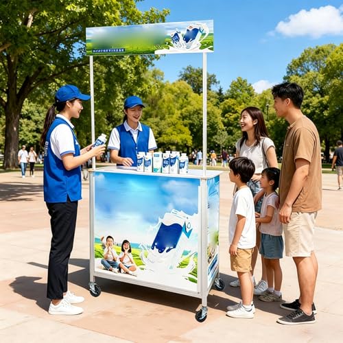 Mesa de promoción plegable con ruedas y bolsa de transporte para venta ambulante 3