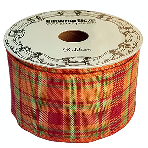 Image of Fall Cider Plaid Wired Ribbon - 2 1 /2 inch x 10 Yards, Orange, Green, Red, Fall Plaid, Autumn Decor, Halloween, Thanksgiving, Christmas Ribbon, Farmhouse Decor, Garland, Wreath, Bows, Gift Basket,