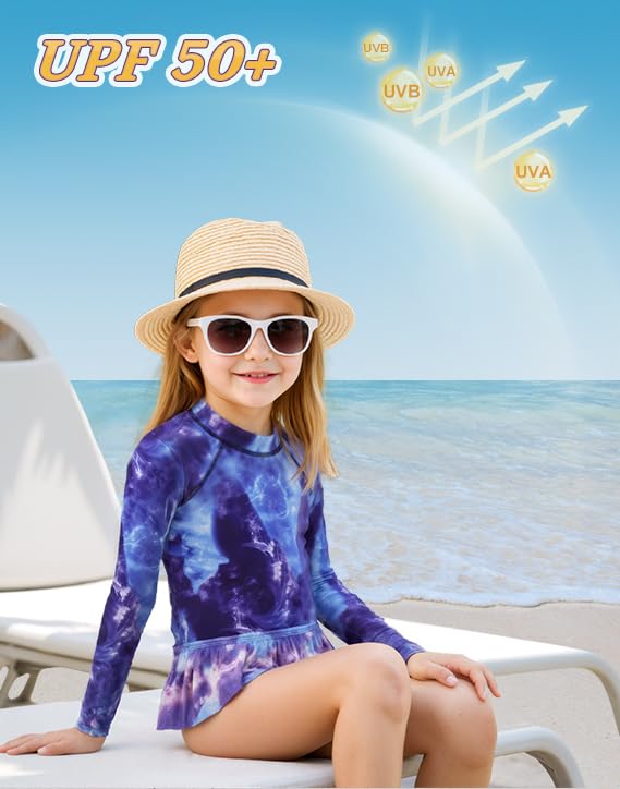 Image of Girls Long Sleeve Rash Guard Swimsuit, Two Piece Bathing Suit Set