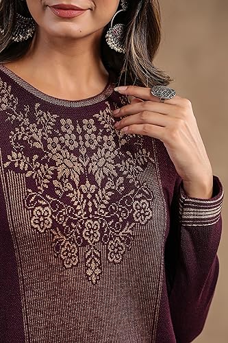 Image of Ishin Womens Polyester Straight Fit Jacquard Style Ethnic Motifs Winterwear Kurta
