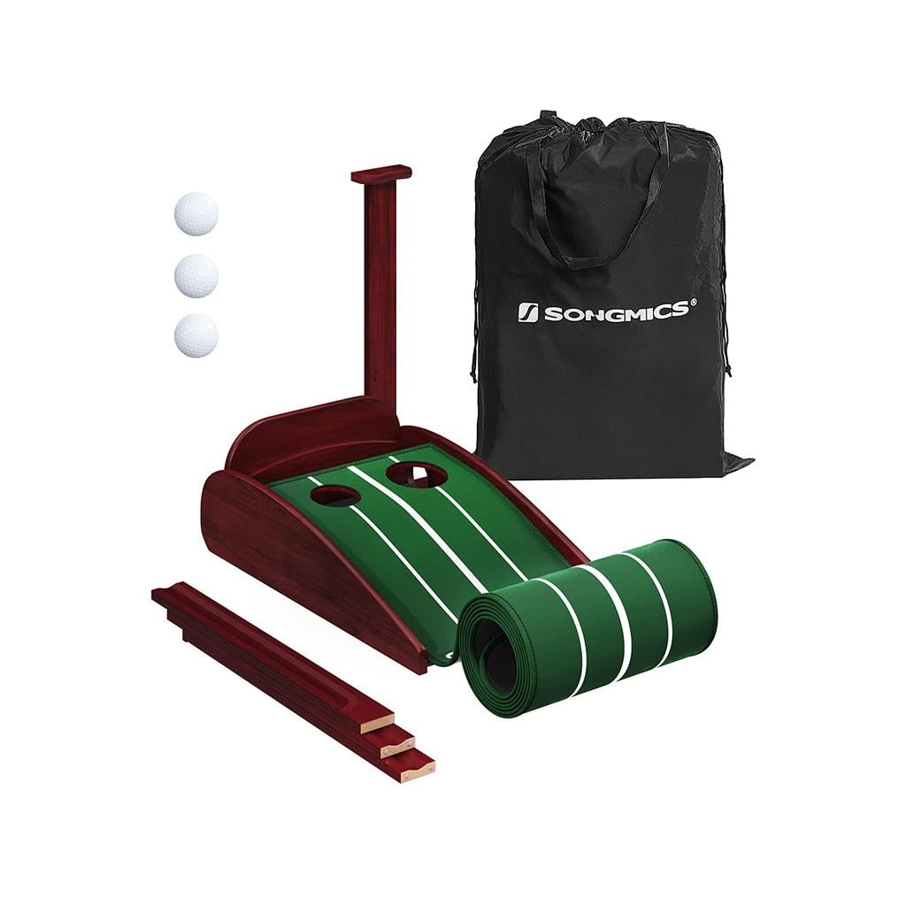 SONGMICS Golf Putting Green, Golf Putting Mat with Ball Return for Indoors Office, Carry Bag and 3 Golf Balls, Gift for Man Golfer, Red-Brown USPM101R01