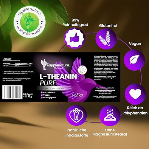L Theanin | IDEAL DOSIERT: 200mg | 240 Kapseln | Laborgeprüft & Hochrein | L-Theanin von SUPPLENATURA® 4