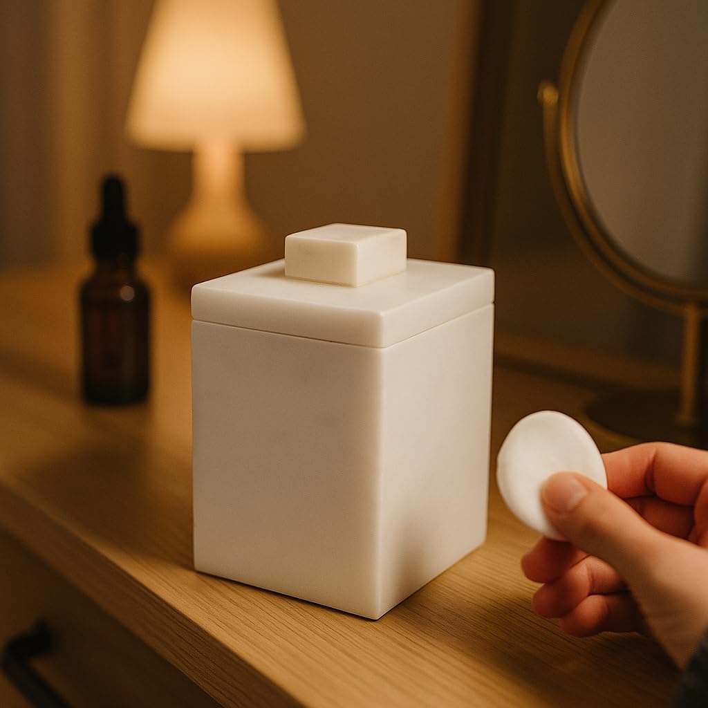 Luxury Natural Marble Cotton Ball Holder Handmade White Taj Mahal Marble Storage Jar for Bathroom Vanity and Living Room Elegant & Moisture Resistant Jewelry and Cotton Swab Organizer