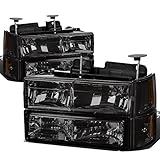 Auto Dynasty Headlights Assembly Compatible with 1994-2000 GMC C10 C/K 1500 2500 3500 Yukon, 8Pcs Driver and Passenger Side Halogen Headlamps Replacement w/Bumper Lamps, Smoked Lens Amber Corner