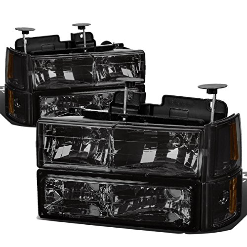 Auto Dynasty Headlights Assembly Compatible with 1994-2000 GMC C10 C/K 1500 2500 3500 Yukon, 8Pcs Driver and Passenger Side Halogen Headlamps Replacement w/Bumper Lamps, Smoked Lens Amber Corner