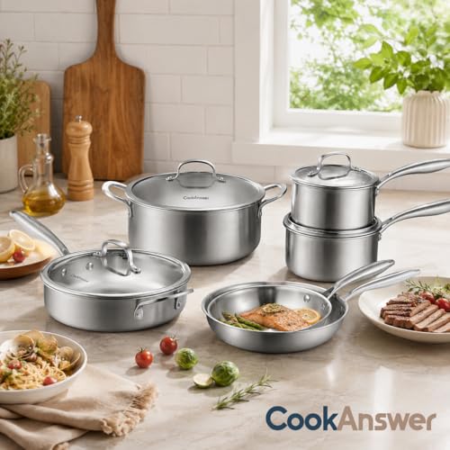 Image of 10-Piece Tri-Ply Stainless Steel Cookware Set - Induction-Ready, Glass Lids,Pots and Pans Kitchen Set, Riveted Handles, Dishwasher Safe, Compatible with All Cooktops