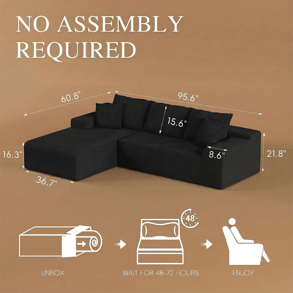 96" L Shaped Modular Sectional Sofa, Boneless Cloud Couch with Deep Seat Chaise, Compressed Memory Foam Corduroy Sofa, No Assembly, 3 Seater Couch for Living Room, Apartment, Bedroom, Black | Cloud-Like Comfort, 96" L-Shape Sofa, Deep Seat Chaise, Soft Corduroy, No Assembly