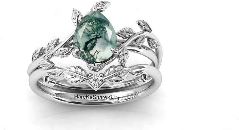 Pear Shaped Moss Agate Engagement Ring for Women, Black Rhodium Leaf Design Ring Set, Solid 925 Sterling Silver Art Deco Wedding Jewelry, Two Piece Statement Ring